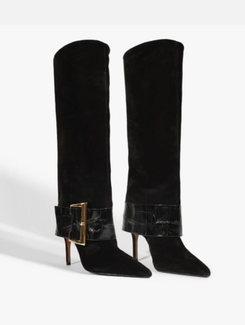 SCHUTZ Brand New Black Suede Knee-High Pointed-Toe Boot with Gold Buckle - Picture 2 of 5
